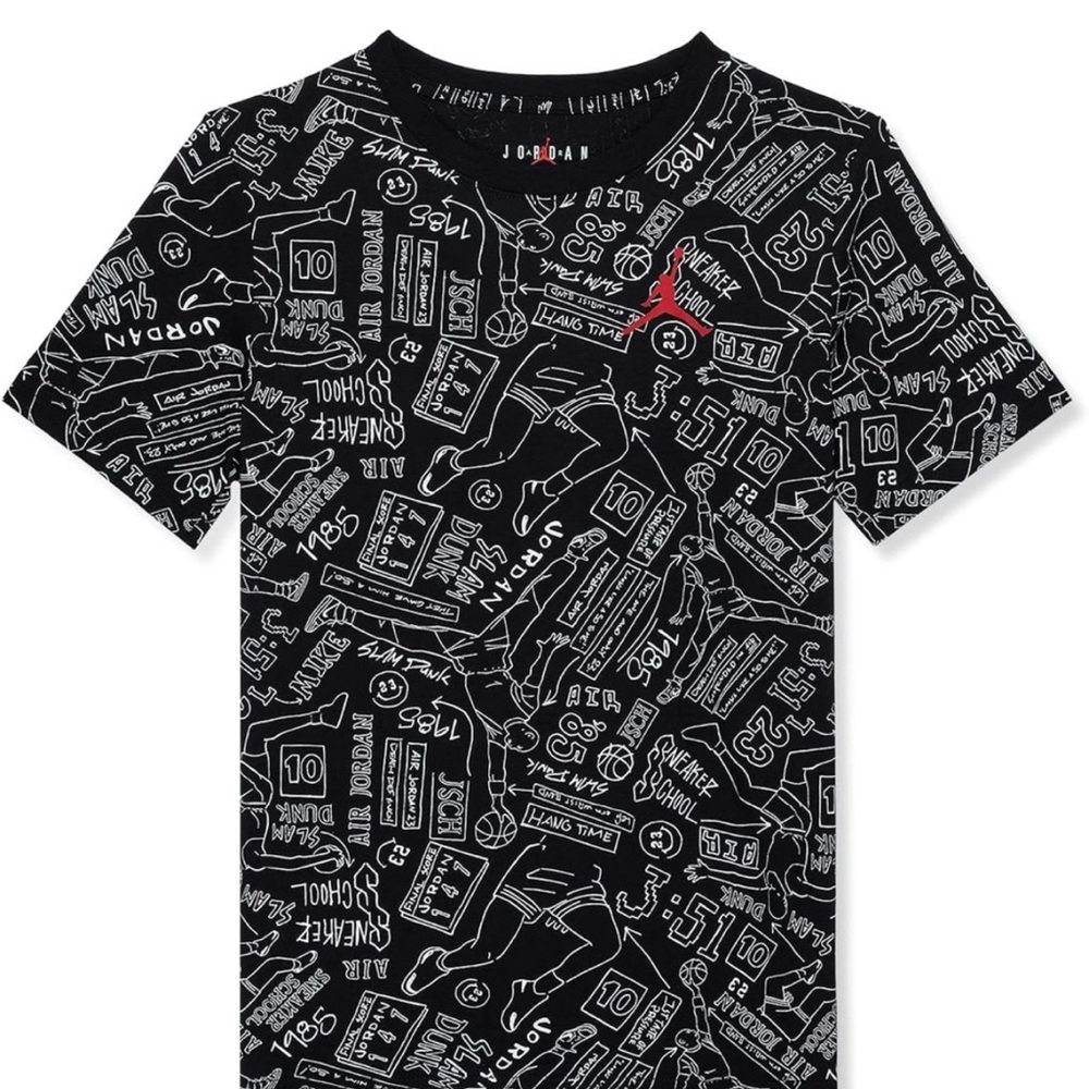 Air Jordan Black Sneaker School Doodle Print T-Shirt  sz L (12-13 Y) Pre-Loved